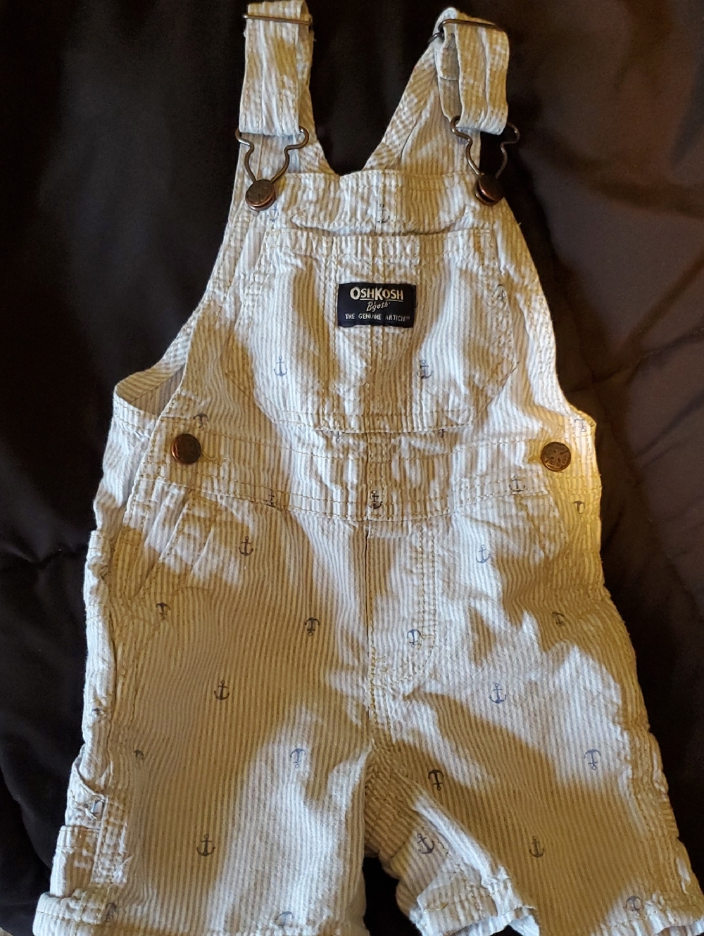 OshKosh B'gosh Blue and White Striped Anchor Shortalls